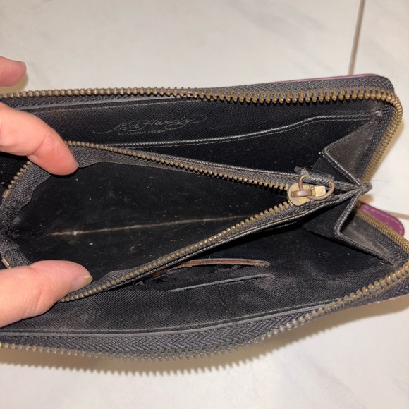 Distressed Ed Hardy Women's Wallet with Purple and Yellow Graphic - Picture 4 of 5